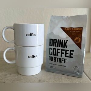 Signature Spell Out Pair Of Stackable Mugs & Whole Bean Dark Roast Coffee 11oz